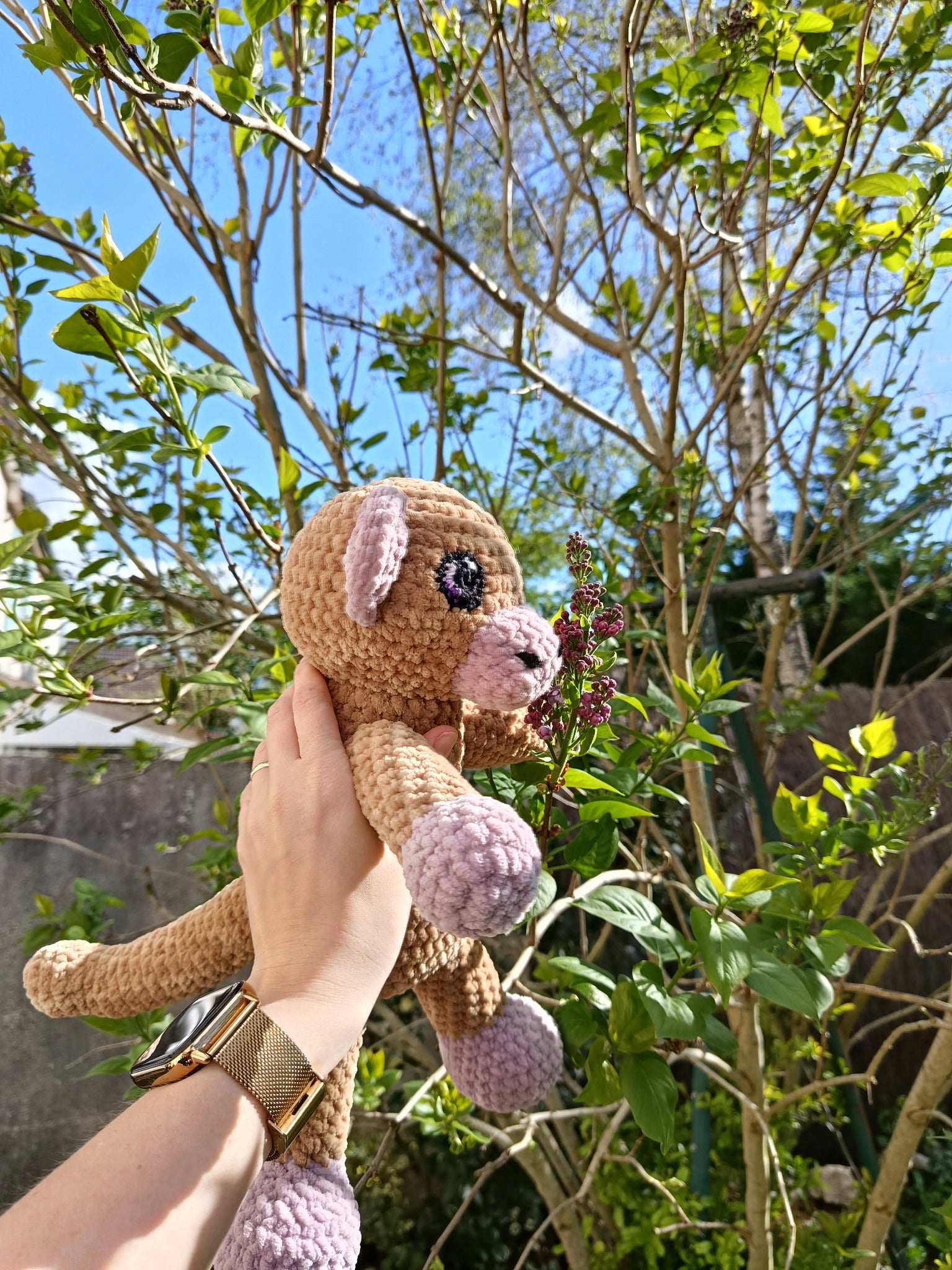 Aster _ Le singe affectueux _ beige et bois de rose